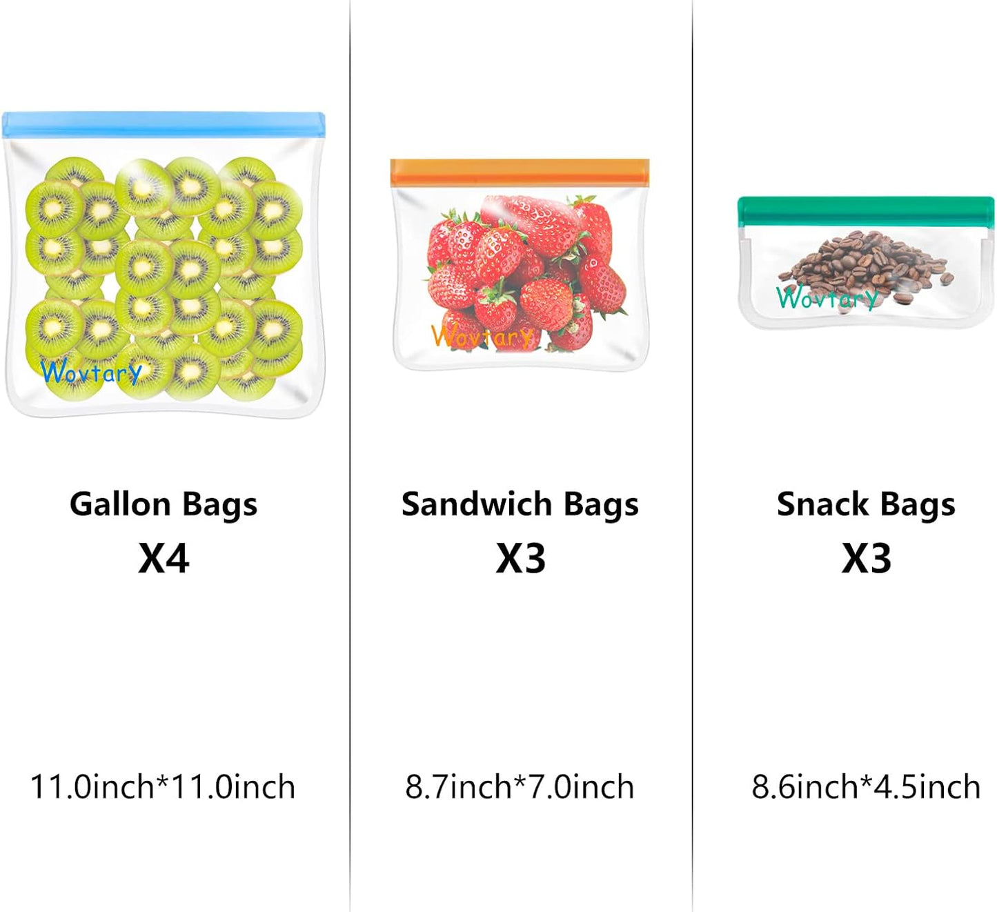 10 Pack Reusable Sandwich & Snack Bags, Dishwasher Safe, Leakproof Silicone - Free Plastic BPA Free for Food Travel (4 Gallon, 3 Sandwich, 3 Snack)