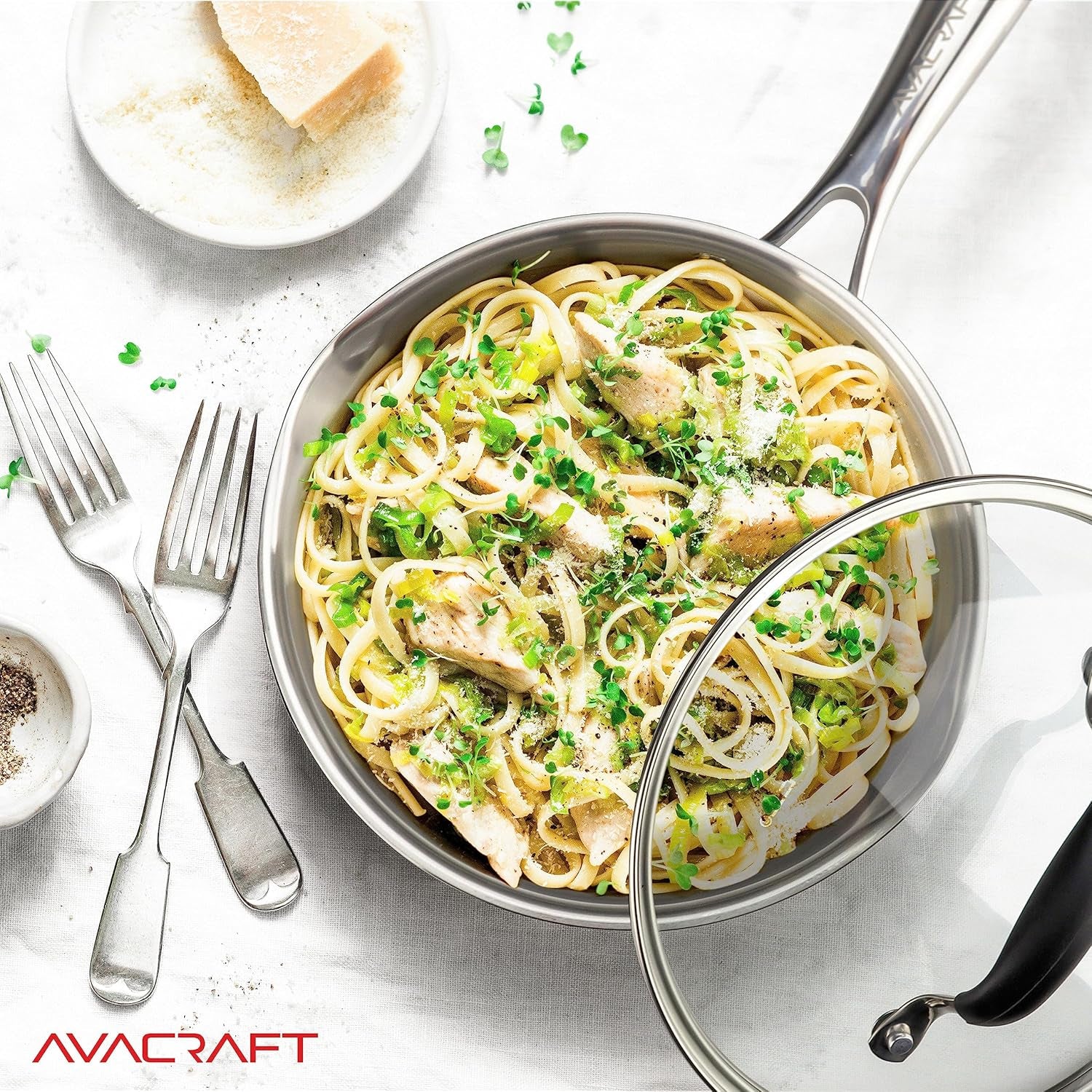 18/10 8 Inch Stainless Steel Frying Pan with Lid, Side Spouts, Induction Pan, Versatile Stainless Steel Skillet, Fry Pan in Our Pots and Pans (Stainless Steel, 8 Inch)