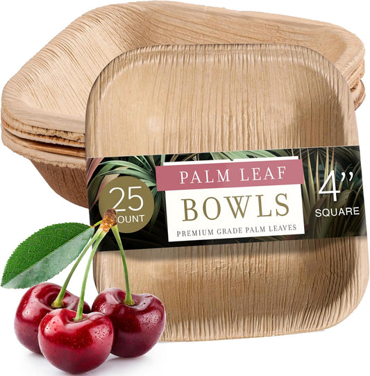 Bamboo Bowls Made from Palm Leaf - 25 Party Bowls (4 Inch) Eco Friendly Compostable & Biodegradable-Disposable Bowls Heavy Duty and More Environmentally Friendly than Paper Bowls