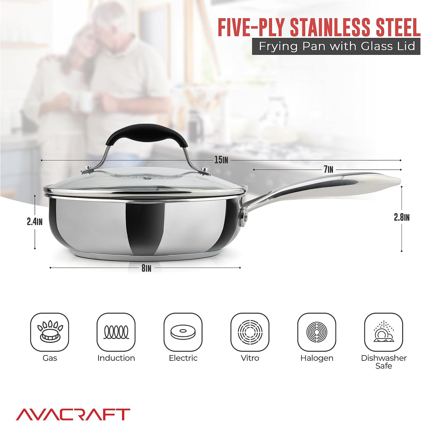 18/10 8 Inch Stainless Steel Frying Pan with Lid, Side Spouts, Induction Pan, Versatile Stainless Steel Skillet, Fry Pan in Our Pots and Pans (Stainless Steel, 8 Inch)