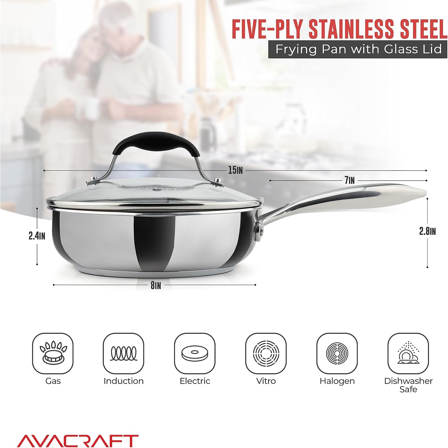 18/10 8 Inch Stainless Steel Frying Pan with Lid, Side Spouts, Induction Pan, Versatile Stainless Steel Skillet, Fry Pan in Our Pots and Pans (Stainless Steel, 8 Inch)