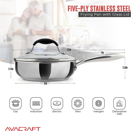 18/10 8 Inch Stainless Steel Frying Pan with Lid, Side Spouts, Induction Pan, Versatile Stainless Steel Skillet, Fry Pan in Our Pots and Pans (Stainless Steel, 8 Inch)
