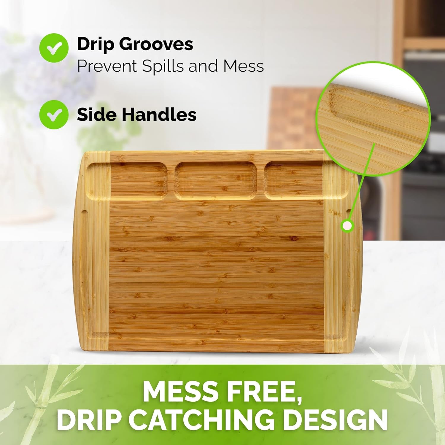 Organic Bamboo Cutting Board for Kitchen with Built-In Compartments and Juice Groove - Wooden Chopping Board for Meat, Cheese Charcuterie Board with Handles, (Extra Large, 18 X 12.5 Inch)