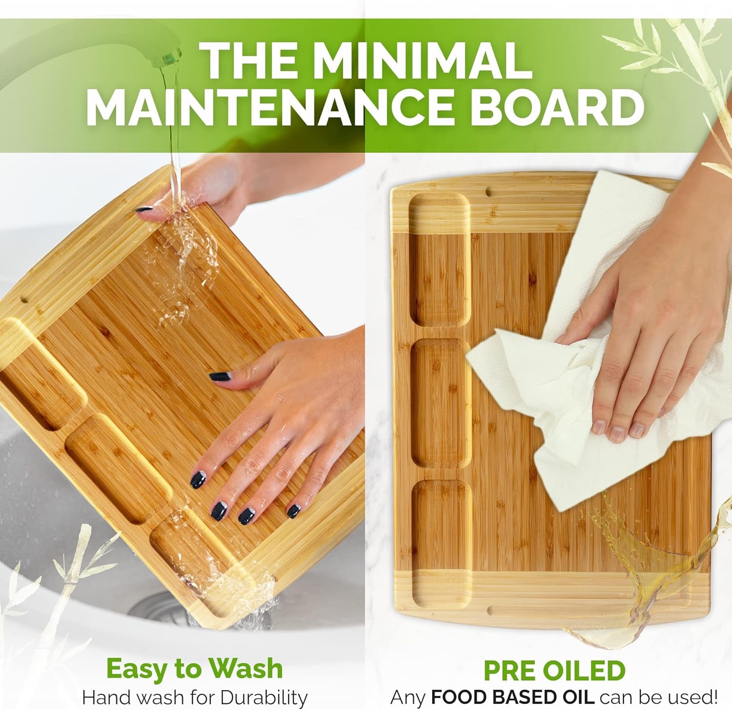 Organic Bamboo Cutting Board for Kitchen with Built-In Compartments and Juice Groove - Wooden Chopping Board for Meat, Cheese Charcuterie Board with Handles, (Extra Large, 18 X 12.5 Inch)