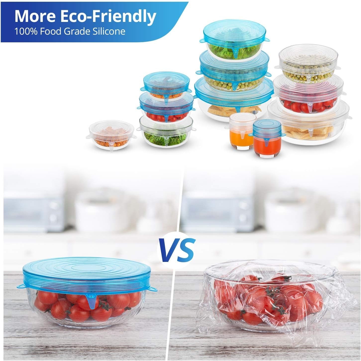 Silicone Stretch Lids, Zero Waste Reusable Silicon Container Lid Covers for Leftover Food Fruit Bowls Pots Cups Jars Dishes (6PCS, Blue)