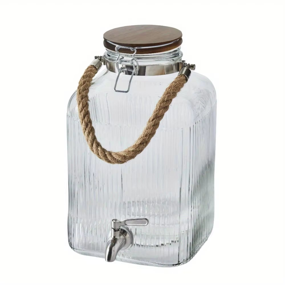 2 Gallon Rib Clear Glass Drink Dispenser with Wooden Lid for Large Capacity, Beautiful and Exquisite