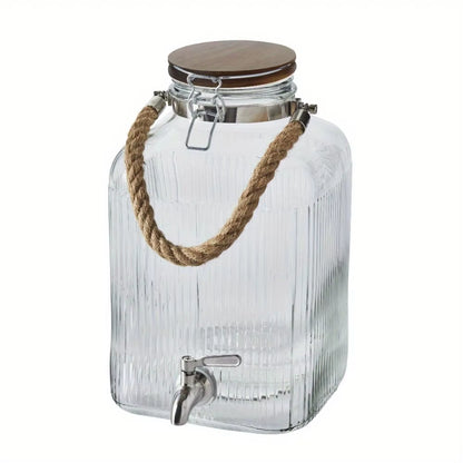2 Gallon Rib Clear Glass Drink Dispenser with Wooden Lid for Large Capacity, Beautiful and Exquisite
