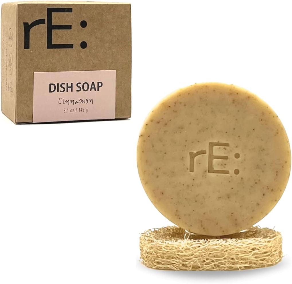 Eco-Friendly Dish Washing Soap Bar with Loofah Holder - Palm Oil Fe, Zero Waste, Fe from Plastic, Artificial Dyes and Fragrance (1, Cinnamon)