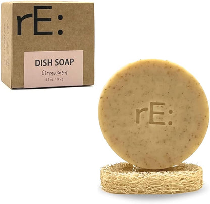 Eco-Friendly Dish Washing Soap Bar with Loofah Holder - Palm Oil Fe, Zero Waste, Fe from Plastic, Artificial Dyes and Fragrance (1, Cinnamon)