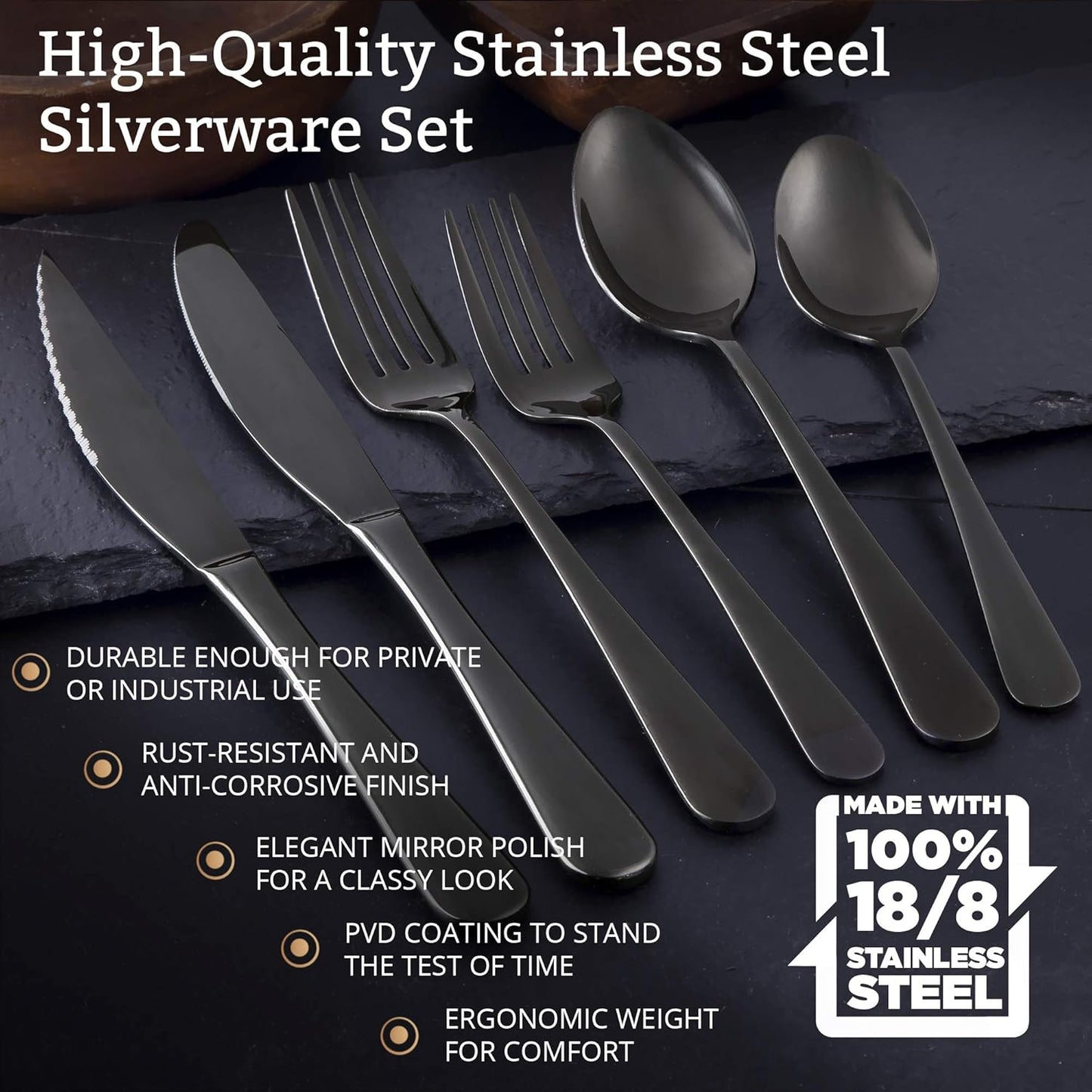 18/8 Stainless Steel Silverware Set for 4 - Complete 24 Piece Flatware Cutlery Set - Elegant and Ergonomic Design -Dishwasher Safe - Stylish & Mirror Finish, Rust-Proof Utensil Sets (Black)
