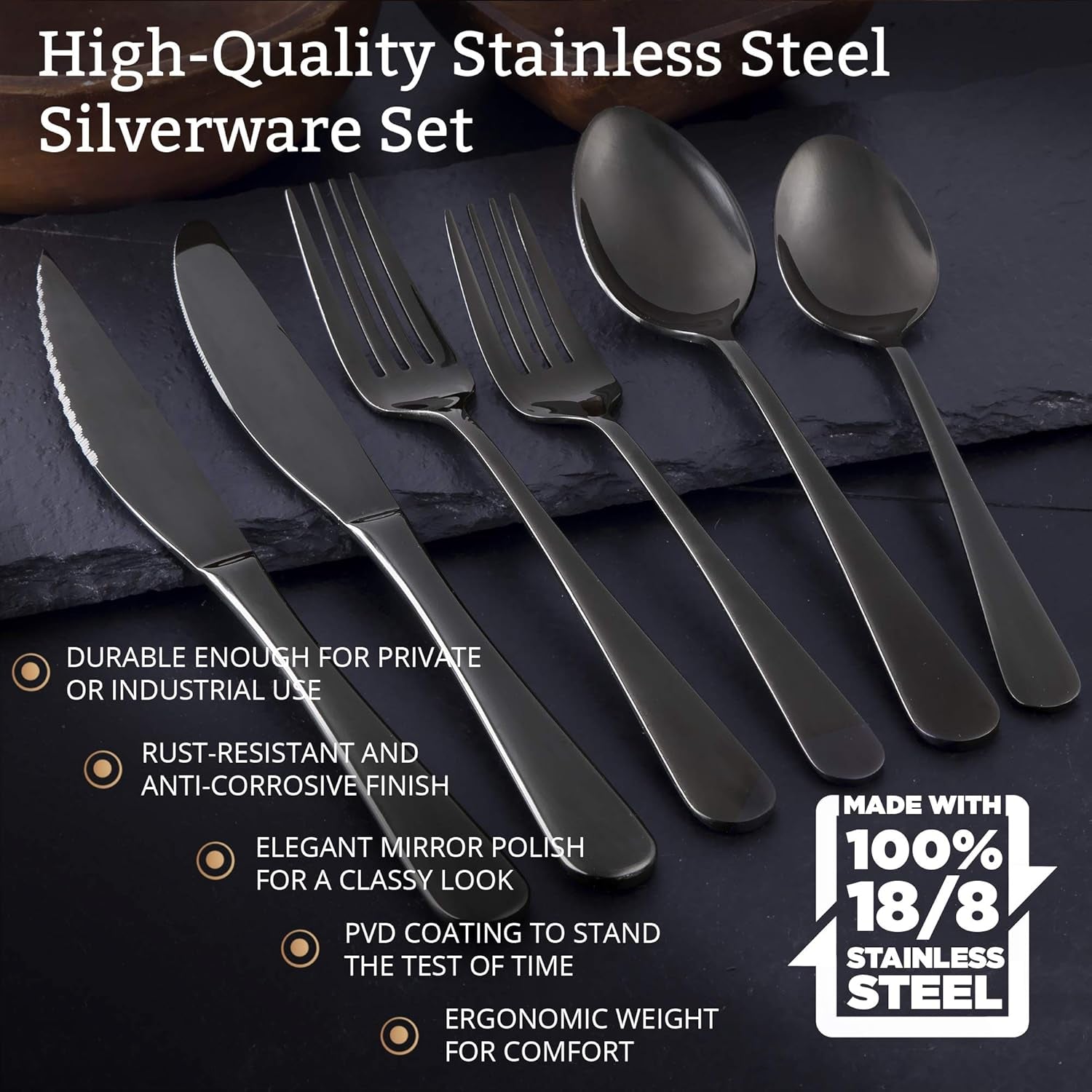 18/8 Stainless Steel Silverware Set for 4 - Complete 24 Piece Flatware Cutlery Set - Elegant and Ergonomic Design -Dishwasher Safe - Stylish & Mirror Finish, Rust-Proof Utensil Sets (Black)