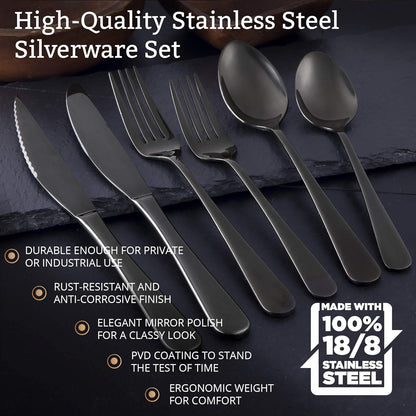 18/8 Stainless Steel Silverware Set for 4 - Complete 24 Piece Flatware Cutlery Set - Elegant and Ergonomic Design -Dishwasher Safe - Stylish & Mirror Finish, Rust-Proof Utensil Sets (Black)