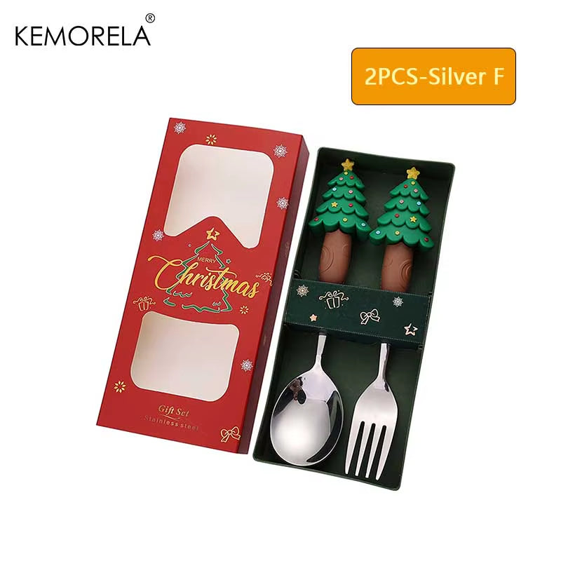 2PCS Stainless Steel Tableware Christmas Spoon Fork Set Cake Dessert Spoon Fruit Fork Santa Elk Doll Spoon Christmas Gifts