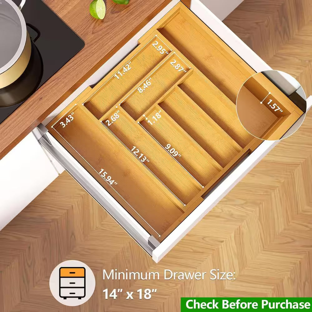 Bamboo Expandable Utensils Drawer Organizer for Silverware in Natural Brown