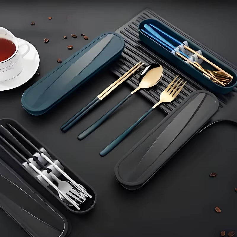 Portable Stainless Steel Utensil Set - 3-Piece Spoon, Fork, Chopsticks for Travel, Camping, School Lunch, Korean Style Dining Ki