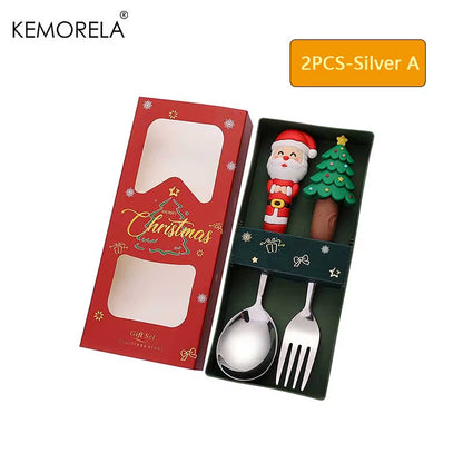 2PCS Stainless Steel Tableware Christmas Spoon Fork Set Cake Dessert Spoon Fruit Fork Santa Elk Doll Spoon Christmas Gifts