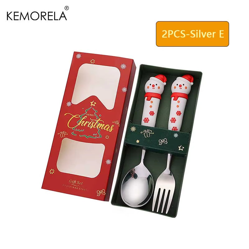 2PCS Stainless Steel Tableware Christmas Spoon Fork Set Cake Dessert Spoon Fruit Fork Santa Elk Doll Spoon Christmas Gifts