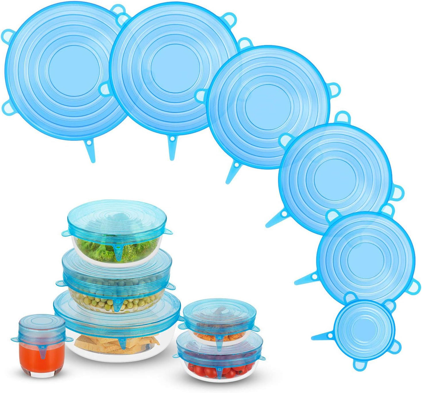 Silicone Stretch Lids, Zero Waste Reusable Silicon Container Lid Covers for Leftover Food Fruit Bowls Pots Cups Jars Dishes (6PCS, Blue)