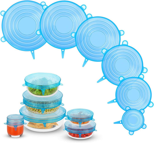 Silicone Stretch Lids, Zero Waste Reusable Silicon Container Lid Covers for Leftover Food Fruit Bowls Pots Cups Jars Dishes (6PCS, Blue)