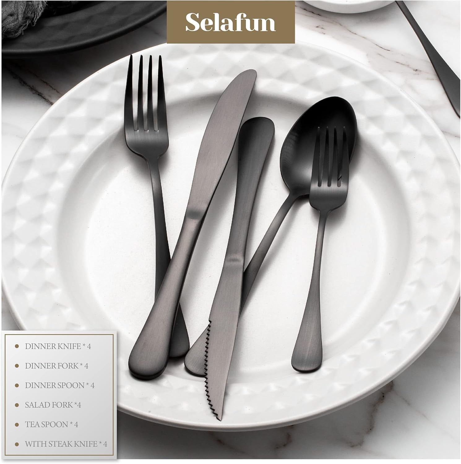 24 Piece Matte Black Flatware Set.Stainless Steel Matte Black Silverware Set Titanium Plating Tableware Cutlery Set. Utensil Set for Kitchens. Dishwasher Safe(Service for 4)