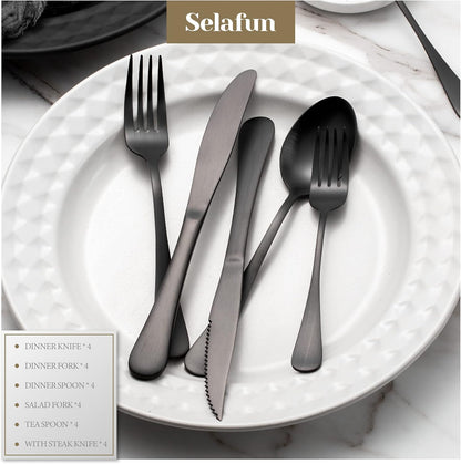 24 Piece Matte Black Flatware Set.Stainless Steel Matte Black Silverware Set Titanium Plating Tableware Cutlery Set. Utensil Set for Kitchens. Dishwasher Safe(Service for 4)