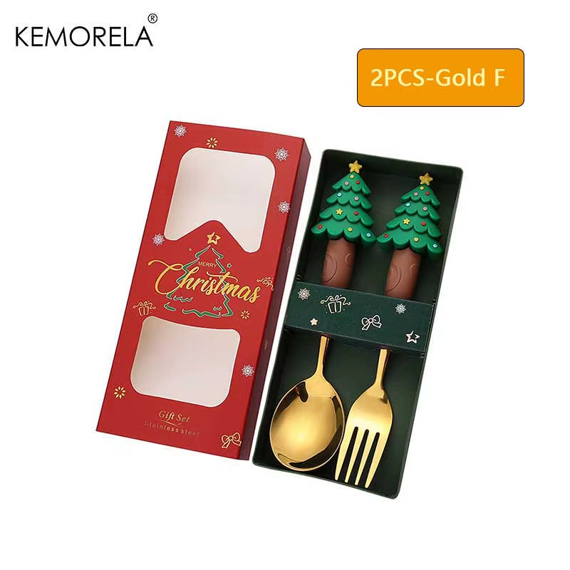 2PCS Stainless Steel Tableware Christmas Spoon Fork Set Cake Dessert Spoon Fruit Fork Santa Elk Doll Spoon Christmas Gifts