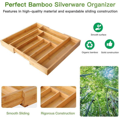 Bamboo Expandable Utensils Drawer Organizer for Silverware in Natural Brown