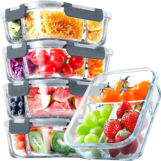 5 Pack Glass Meal Prep Containers 3 Compartment Set, 36OZ Airtight Glass Lunch Containers, Glass Food Storage Containers with Lids, for Microwave, Oven, Freezer & Dishwasher Friendly,Grey
