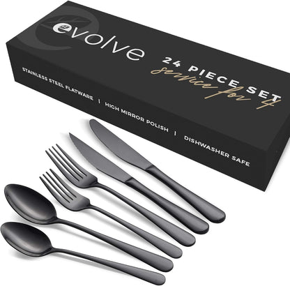 18/8 Stainless Steel Silverware Set for 4 - Complete 24 Piece Flatware Cutlery Set - Elegant and Ergonomic Design -Dishwasher Safe - Stylish & Mirror Finish, Rust-Proof Utensil Sets (Black)