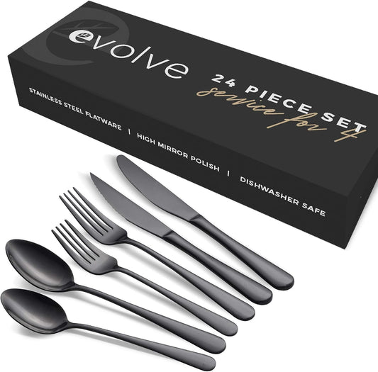 18/8 Stainless Steel Silverware Set for 4 - Complete 24 Piece Flatware Cutlery Set - Elegant and Ergonomic Design -Dishwasher Safe - Stylish & Mirror Finish, Rust-Proof Utensil Sets (Black)