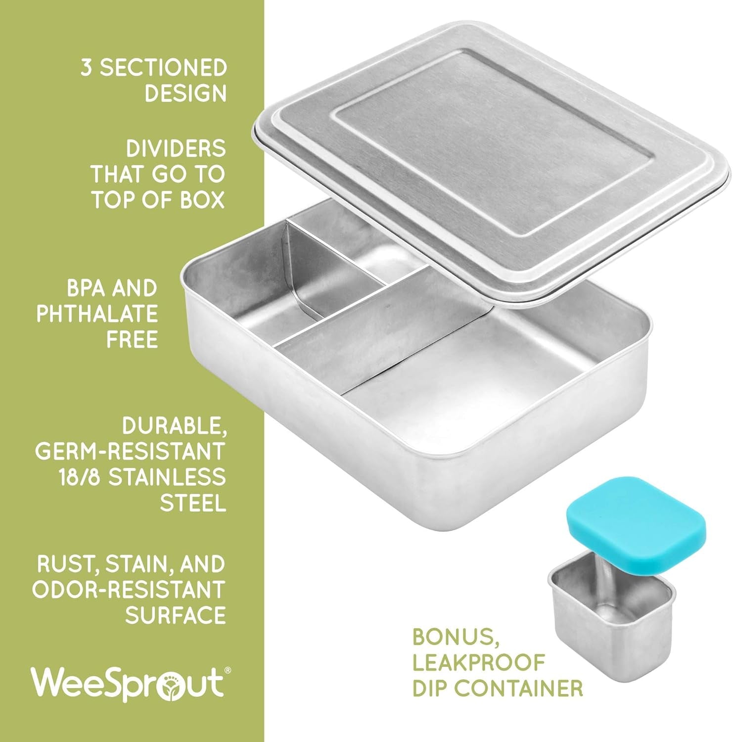 18/8 Stainless Steel Bento Box (Large) - 3 Compartment Metal Lunch Box, Skid-Proof Silicone, for Kids & Adults, Bonus Dip Container, Fits in Lunch & Work Bags, Dishwasher & Freezer Friendly