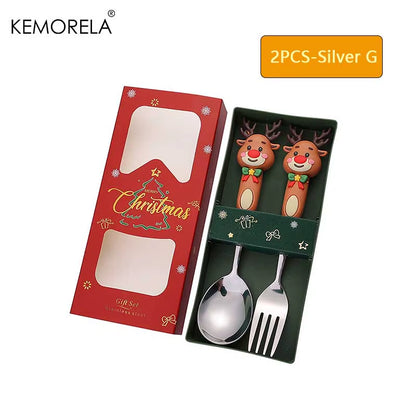 2PCS Stainless Steel Tableware Christmas Spoon Fork Set Cake Dessert Spoon Fruit Fork Santa Elk Doll Spoon Christmas Gifts