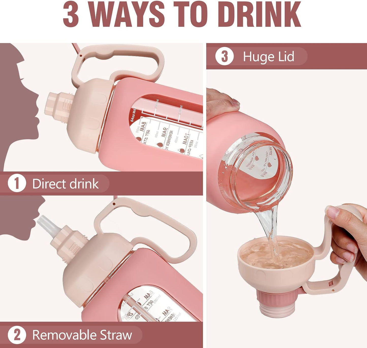 64Oz Glass Water Bottles with Straw, Half Gallon Water Jug with Time Marker, Sports Large Motivational Bottle with Silicone Sleeve, Pink