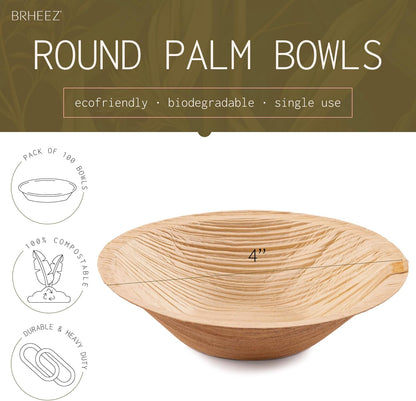 Palm Leaf Bowls 100 Pack 4 Inch - Eco Friendly Compostable & Biodegradable – Elegant Bamboo Look Disposable Bowls Are Heavy Duty and More Environmentally Friendly than Paper Bowls