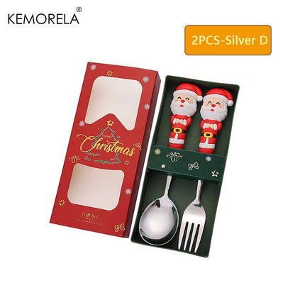 2PCS Stainless Steel Tableware Christmas Spoon Fork Set Cake Dessert Spoon Fruit Fork Santa Elk Doll Spoon Christmas Gifts