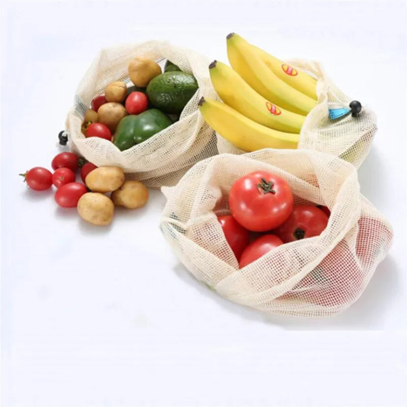 Cotton Mesh Vegetable Bags Produce Bag Reusable Cotton Mesh Vegetable Storage Bag Kitchen Fruit Vegetable with Drawstring