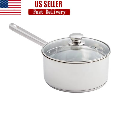 3 Quart Induction Compatible Stainless Steel Saucepan with Straining Lid Durable Tri Ply Base Easy Pour and Strain Cooking