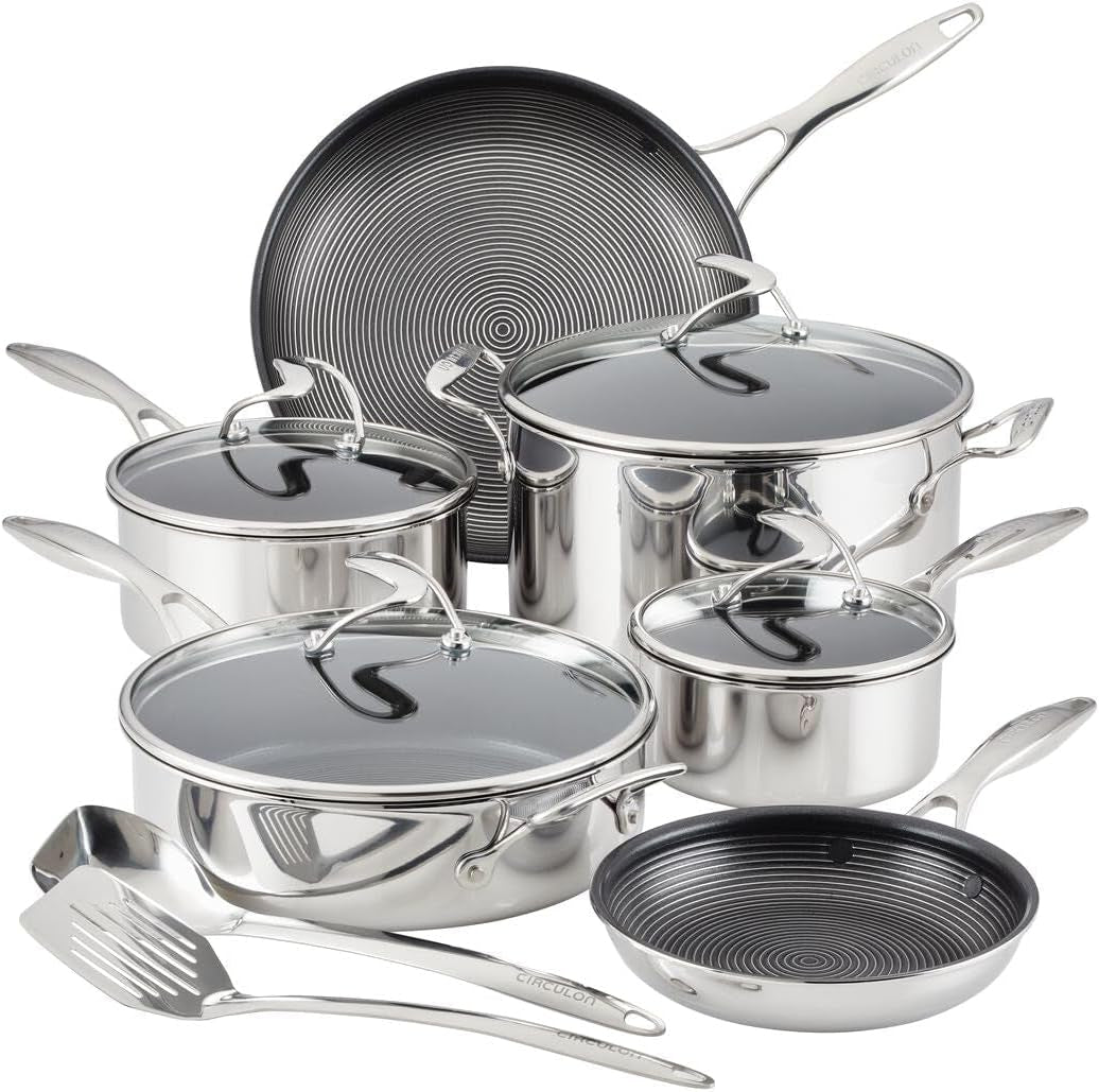 Clad Stainless Steel Cookware Pots and Pans and Utensil Set with Hybrid Steelshield and Nonstick Technology, 12 Piece - Silver