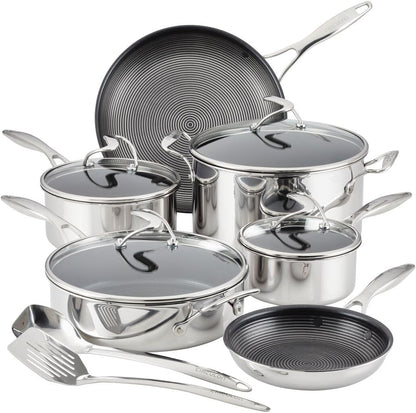Clad Stainless Steel Cookware Pots and Pans and Utensil Set with Hybrid Steelshield and Nonstick Technology, 12 Piece - Silver