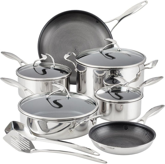 Clad Stainless Steel Cookware Pots and Pans and Utensil Set with Hybrid Steelshield and Nonstick Technology, 12 Piece - Silver