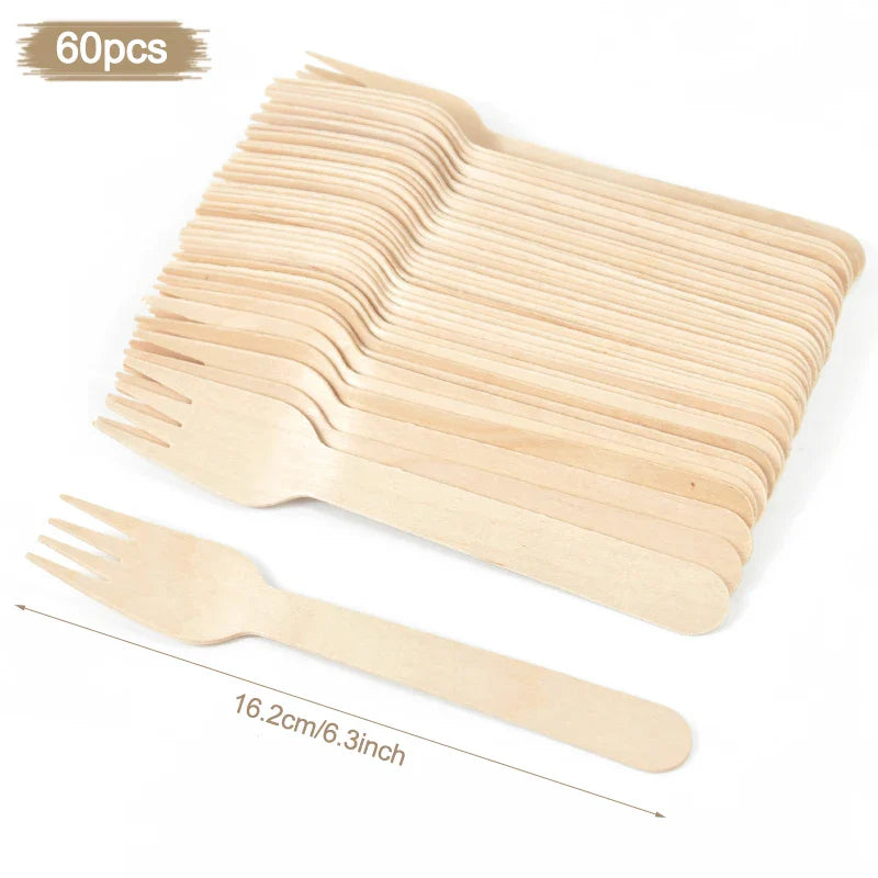 100% Compostable Cutlery Set - Wooden Compostable Utensils - Disposable Wooden Cutlery, Eco Friendly Forks and Spoons Disposable Cutlery Set Party Utensils