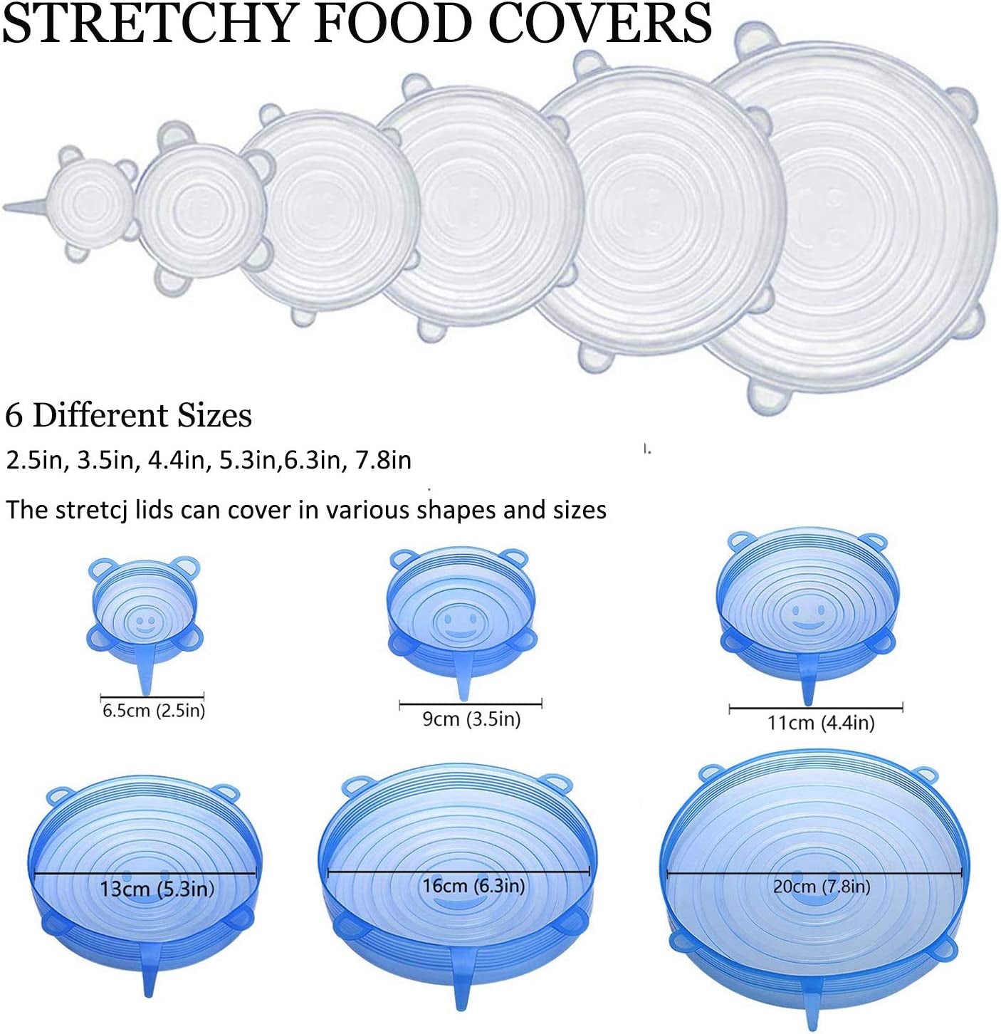 Silicone Stretch Lids, 18 Pack Reusable Silicone Lids, Durable Food Storage Silicone Covers for Bowl, 6 Sizes to Meet Most Containers to Keep Food Fresh, Microwave Safe - Easy Clean