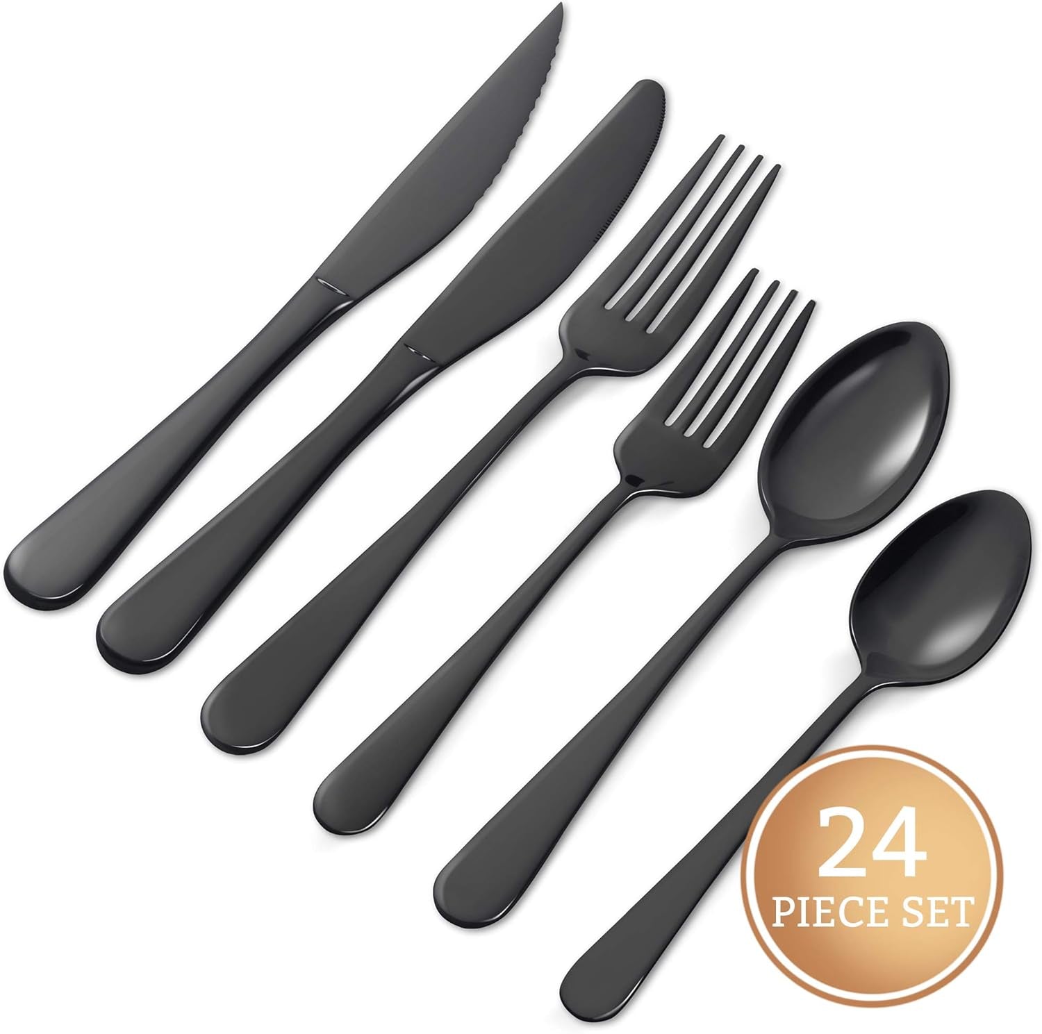 18/8 Stainless Steel Silverware Set for 4 - Complete 24 Piece Flatware Cutlery Set - Elegant and Ergonomic Design -Dishwasher Safe - Stylish & Mirror Finish, Rust-Proof Utensil Sets (Black)