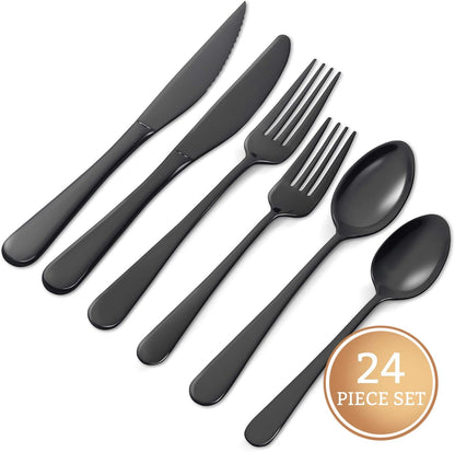 18/8 Stainless Steel Silverware Set for 4 - Complete 24 Piece Flatware Cutlery Set - Elegant and Ergonomic Design -Dishwasher Safe - Stylish & Mirror Finish, Rust-Proof Utensil Sets (Black)