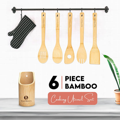 6 Piece Set | Bamboo Cooking Utensils with Holder | Spoon and Spatula Mix | Wooden Kitchen Tools | Perfect for Nonstick Cookware by