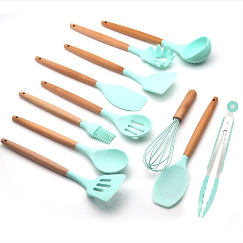 12 Piece Kitchen Cooking Utensil Set Silicone Wood Heat Resistant Kitchenware