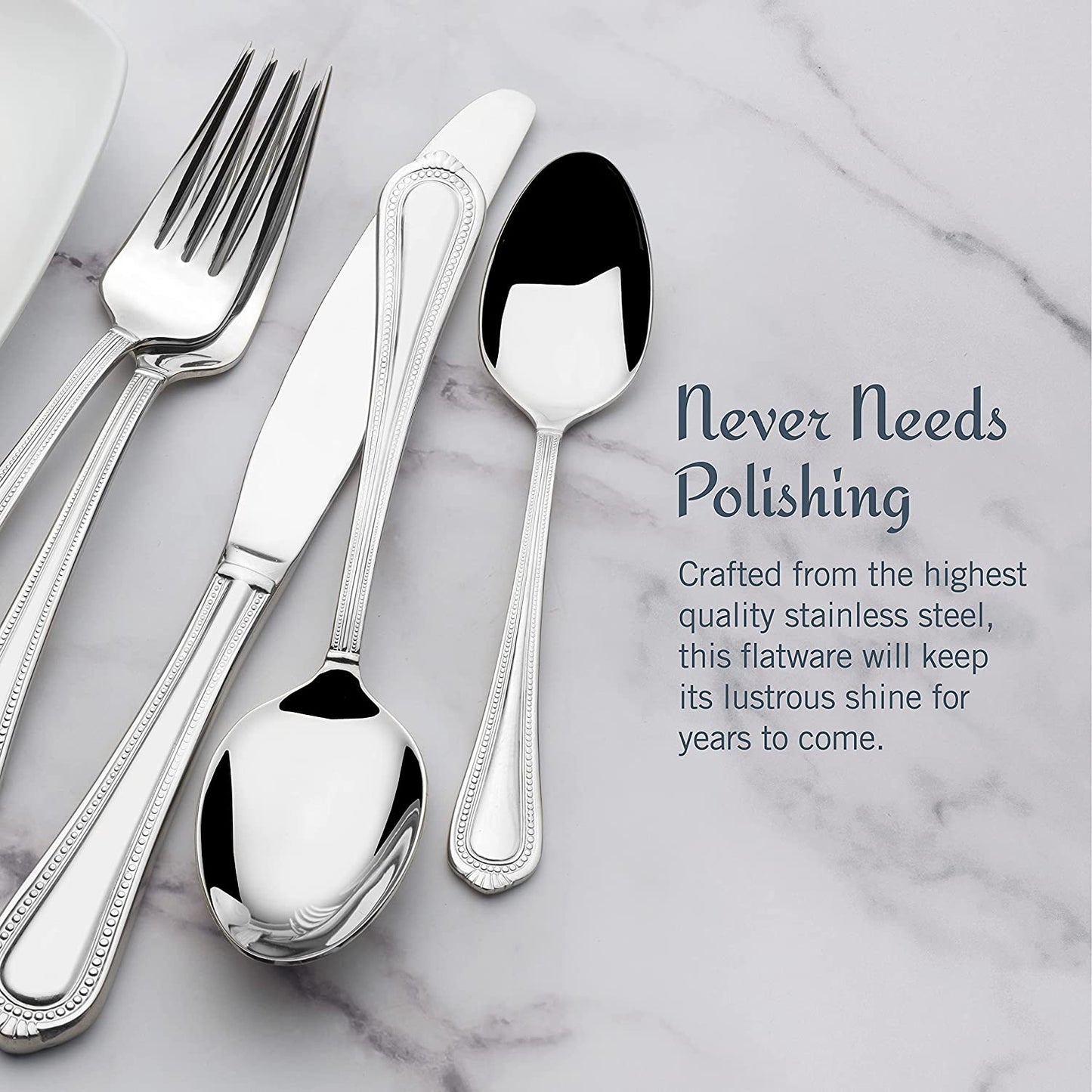 Regent Bead 65-Piece Flatware Set for 12, 18/10 Stainless Steel Silverware with Full Service and Serving Utensils, Classic Beaded Edge Design