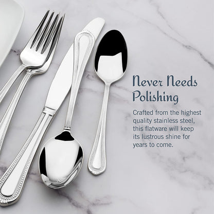 Regent Bead 65-Piece Flatware Set for 12, 18/10 Stainless Steel Silverware with Full Service and Serving Utensils, Classic Beaded Edge Design