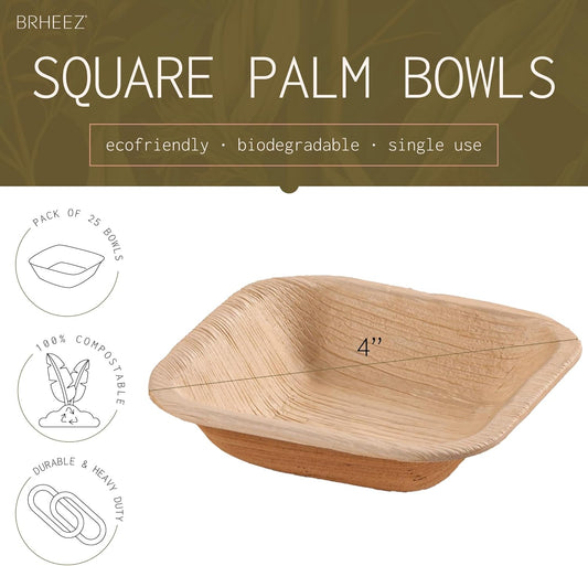 Bamboo Bowls Made from Palm Leaf - 25 Party Bowls (4 Inch) Eco Friendly Compostable & Biodegradable-Disposable Bowls Heavy Duty and More Environmentally Friendly than Paper Bowls