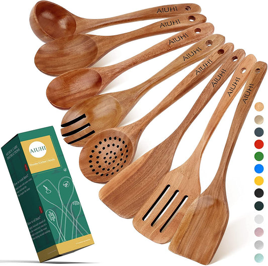Wood Spoons for Cooking, Nonstick Kitchen Utensil Set, Wooden Spoons Cooking Utensil Set Non Scratch Natural Teak Wooden Utensils for Cooking (Teak 8 Pack)